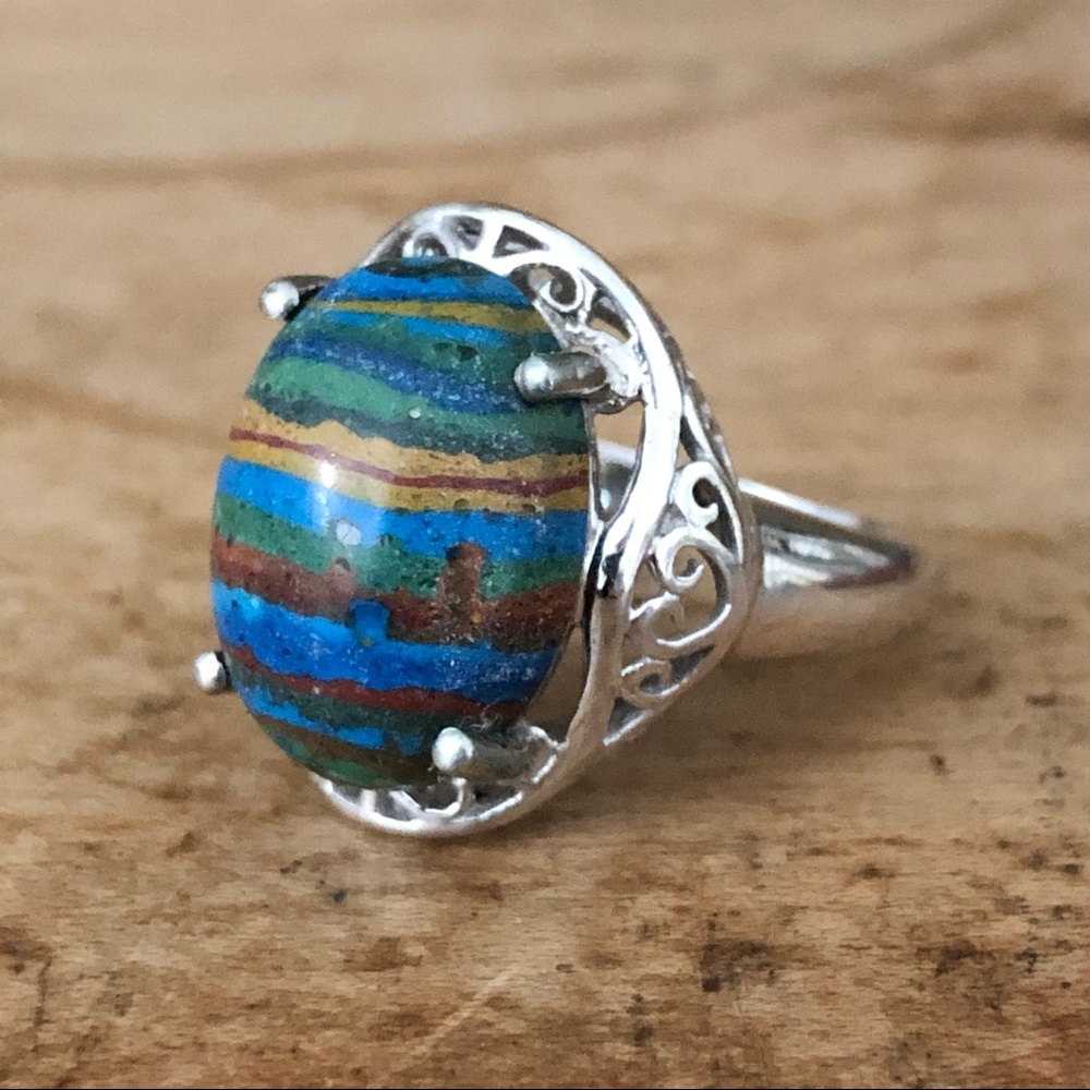 Blue Rainbow Calsilica Sterling Silver Ring